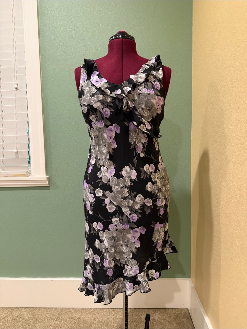 Jessica Floral Ruffle-Trim Black Dress with Lilac Accents